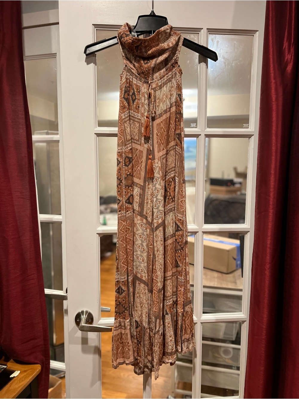 ILLA ILLA Brown Patchwork Maxi Jumpsuit with Tassel Cowl Neck